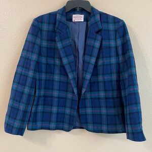 Pendleton Vintage Size 14P‎ Virgin Wool Blue Green Tartan Plaid Heritage Blazer